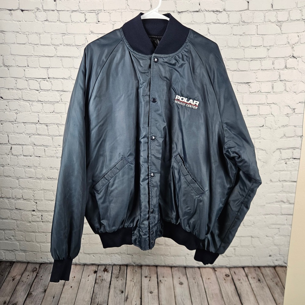 Vintage Butwin Bomber Jacket Mens XL Navy Blue Polar Service Center Satin USA